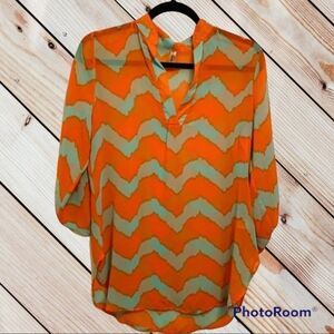 Auditions Orange & Aqua Wavy Print Blouse